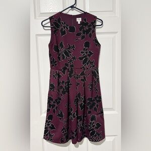 Dressbarn Women’s  Plum Floral Fit-and-Flare Dress with Black Accents